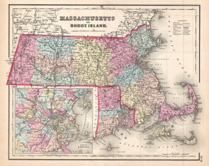 This is the uncommon 1857 issue of J. H. Colton’s map of Massachusetts and Rhode Island.