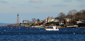 Marblehead Neck viewed from the causeway to the mainland, in Marblehead, Massachusetts. The lighthouse is Marblehead Light, a cast-iron skeletal structure, completed in 1895. Photo credit: Mr.TinDC
